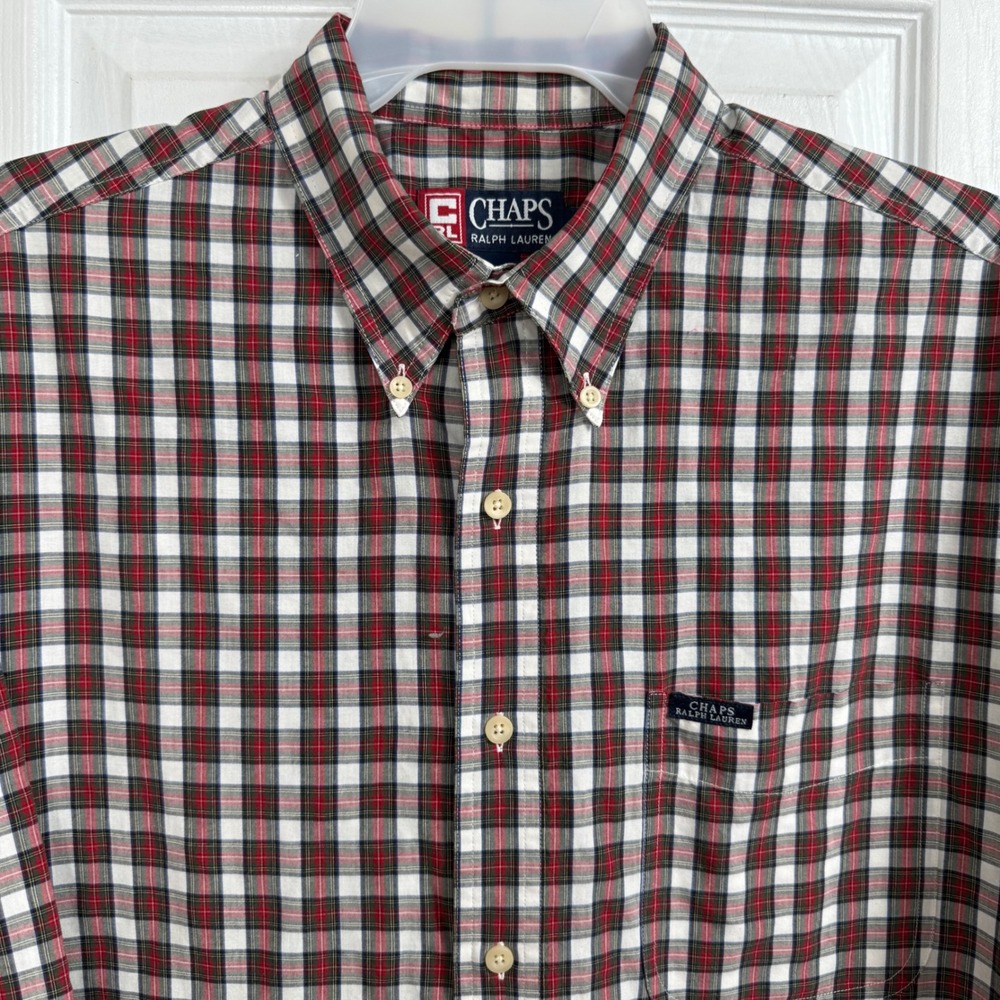 Chaps Ralph Lauren Plaid Shirt XL Red White Blue Preppy Academia Button Down